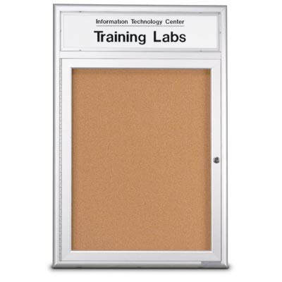 24 x 36" Single Door w/ Header 4" Radius Frame Enclosed Corkboard