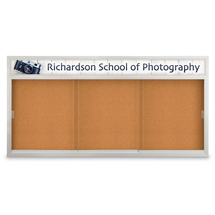 96 x 48" Sliding Glass Door Corkboards with Traditional Frame w/ Illuminated Header
