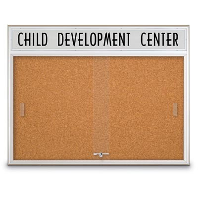 48 x 36" Sliding Glass Corkboards with Radius Frame w/ Illuminated Header